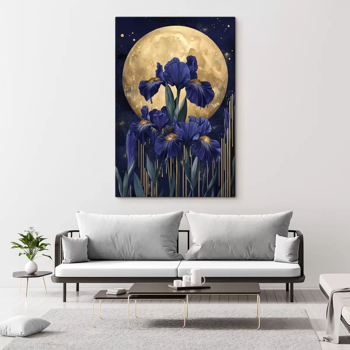 murales de pared Flores de iris, luna brillante, cielo nocturno, colores azules s44510