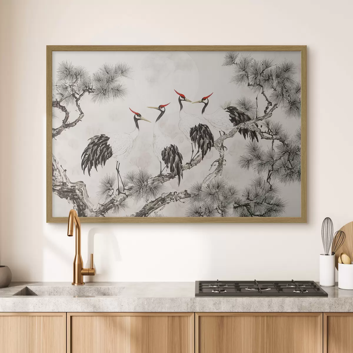 Poster Arte chino con grullas y pinos, estilo oriental, naturaleza f44503