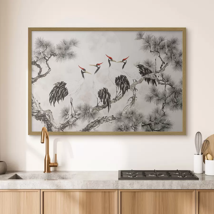 murales de pared Arte chino con grullas y pinos, estilo oriental, naturaleza f44503