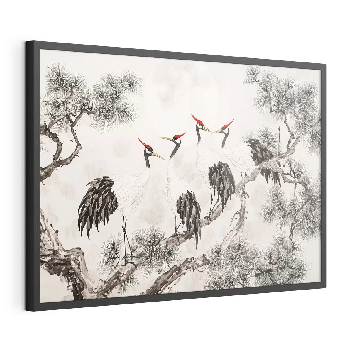 Poster Arte chino con grullas y pinos, estilo oriental, naturaleza f44503