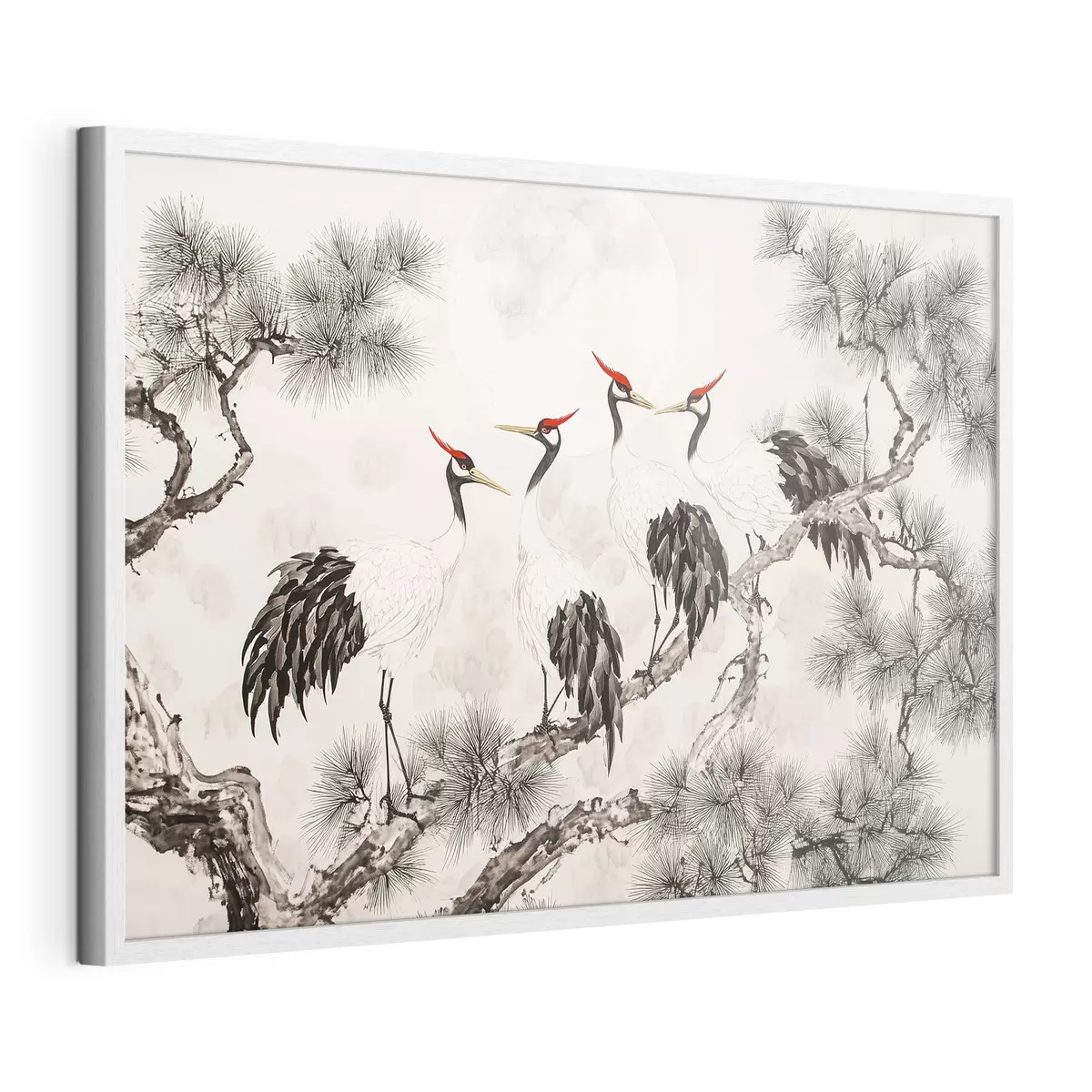 Poster Arte chino con grullas y pinos, estilo oriental, naturaleza f44503