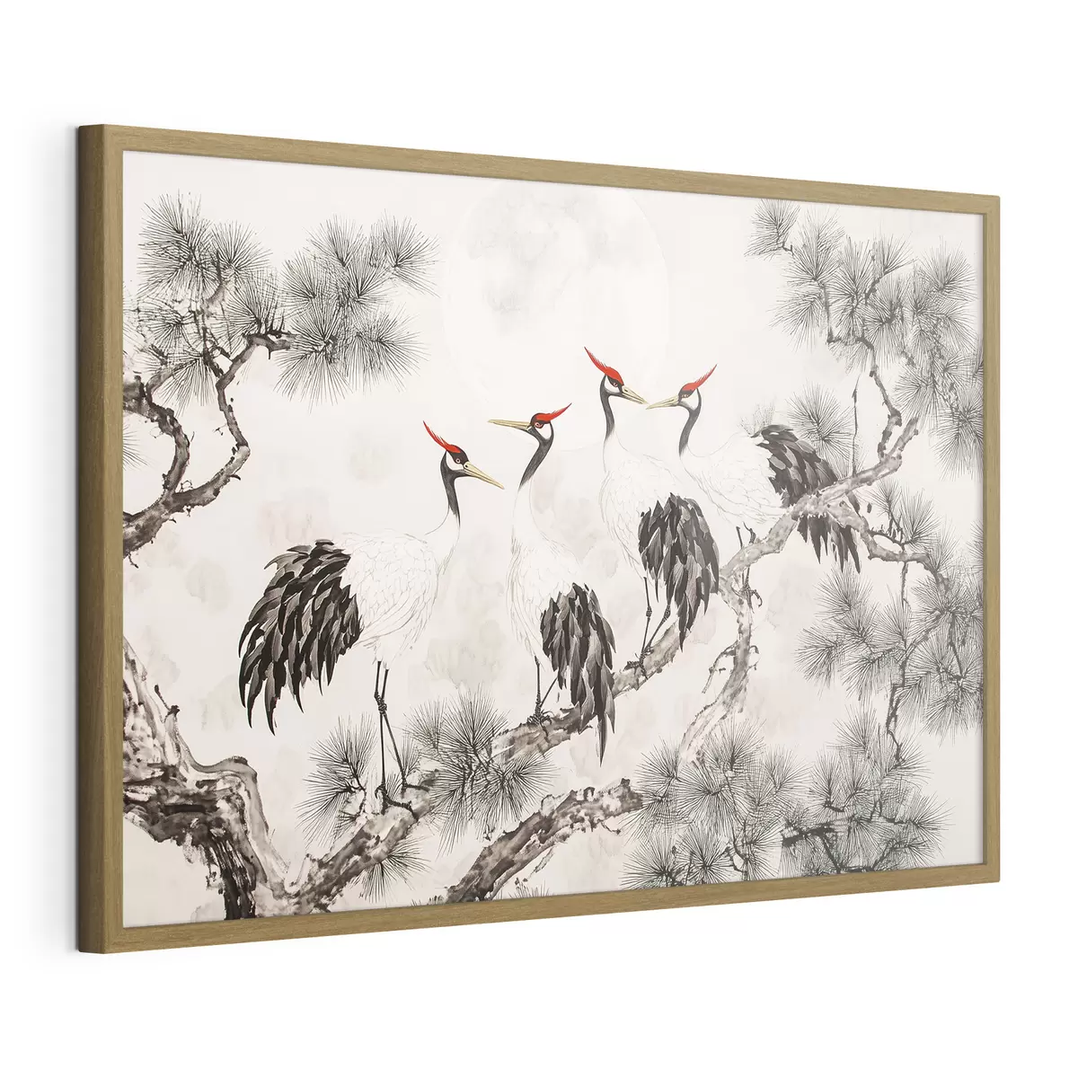 Poster Arte chino con grullas y pinos, estilo oriental, naturaleza f44503