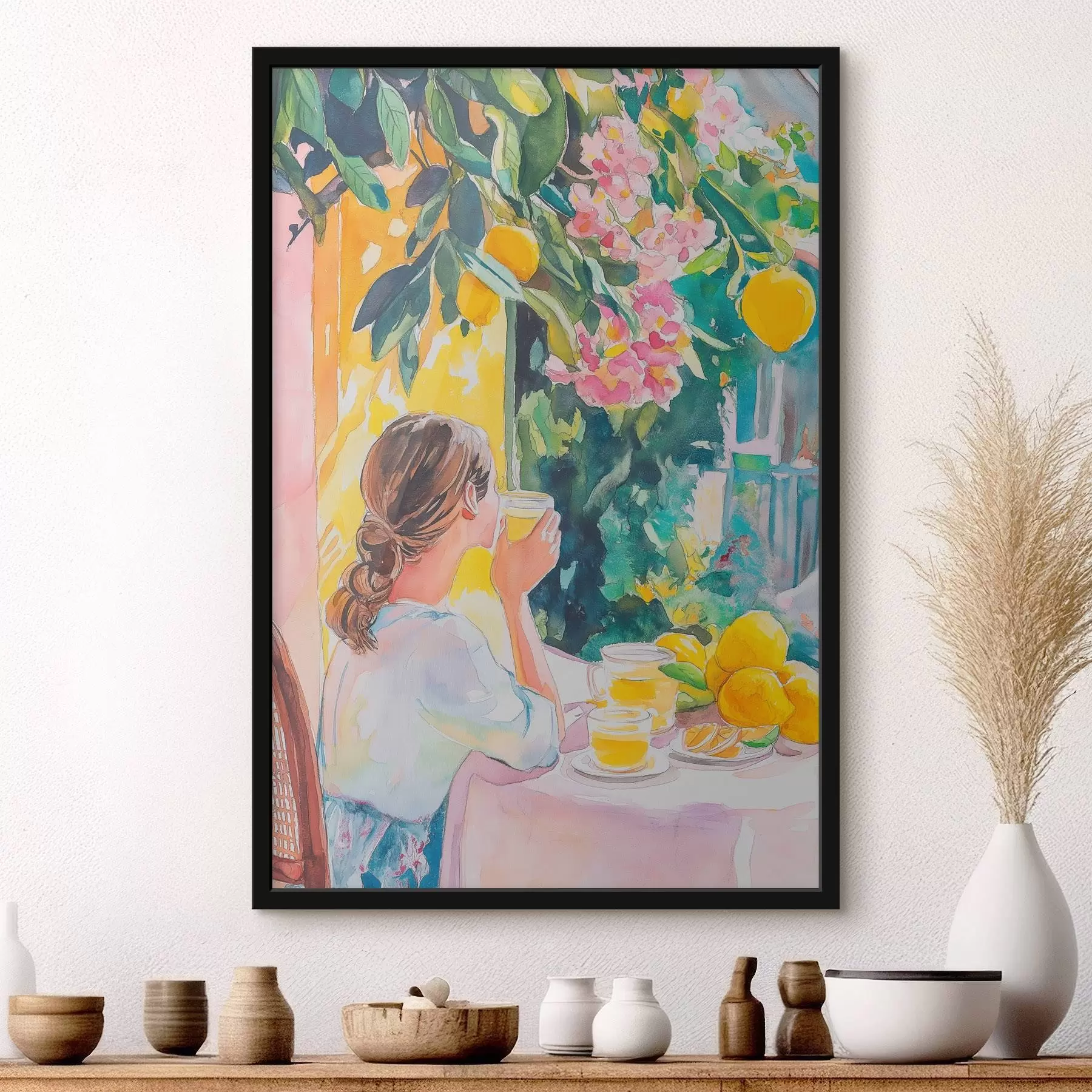 murales de pared Vibraciones de verano, chica en el café, limoncello, Italia, estilo acuarela f44505