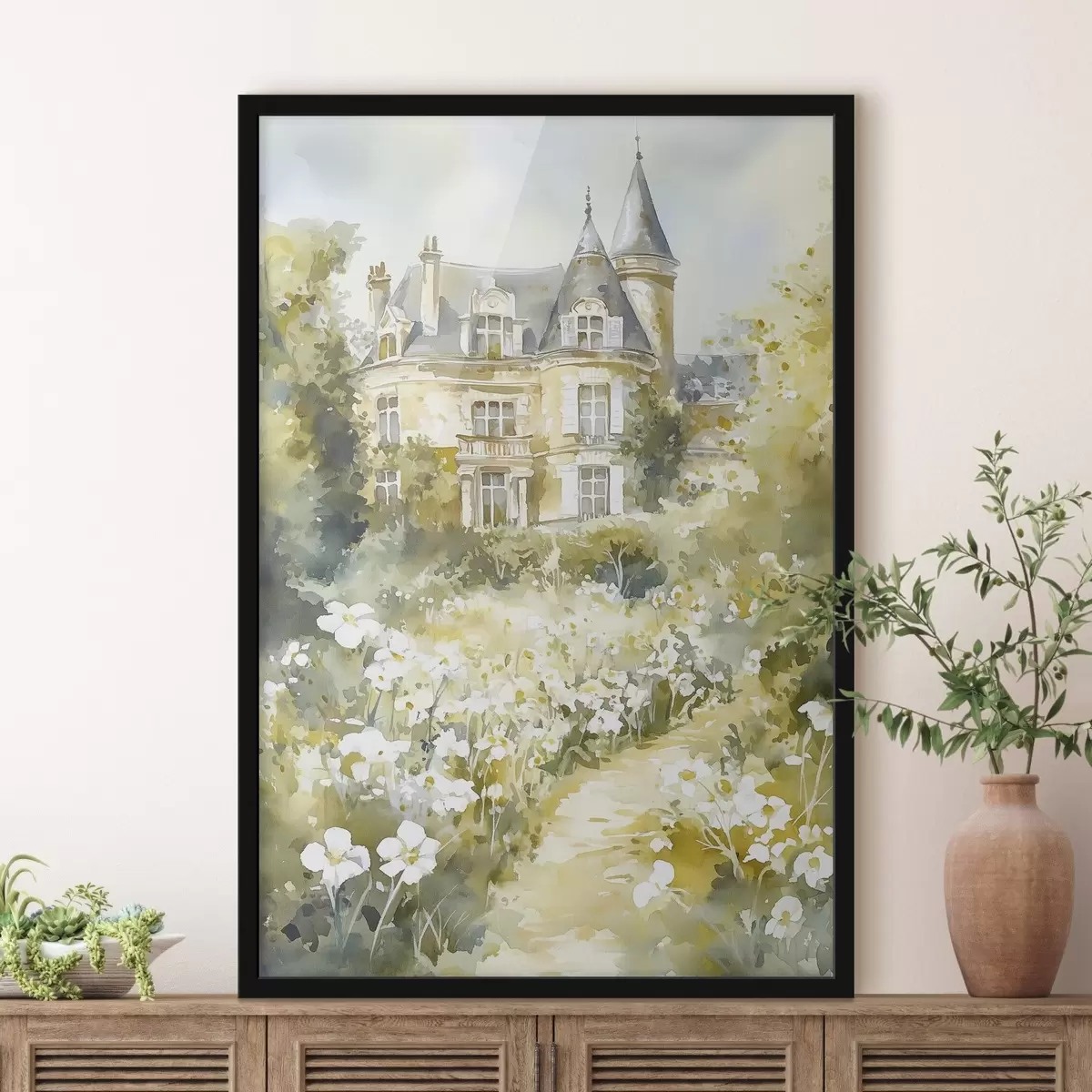 Poster Hermoso castillo con vegetación y flores blancas, estilo acuarela f44506