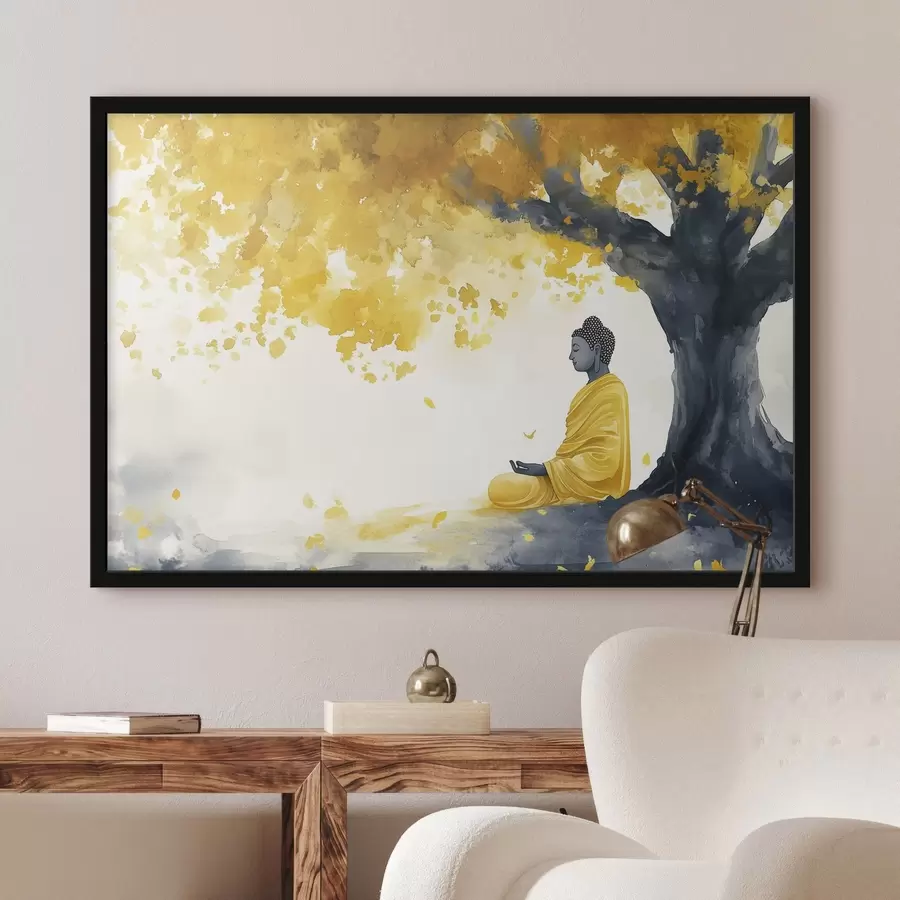 murales de pared Buda meditando bajo el árbol, colores amarillo y gris f44509
