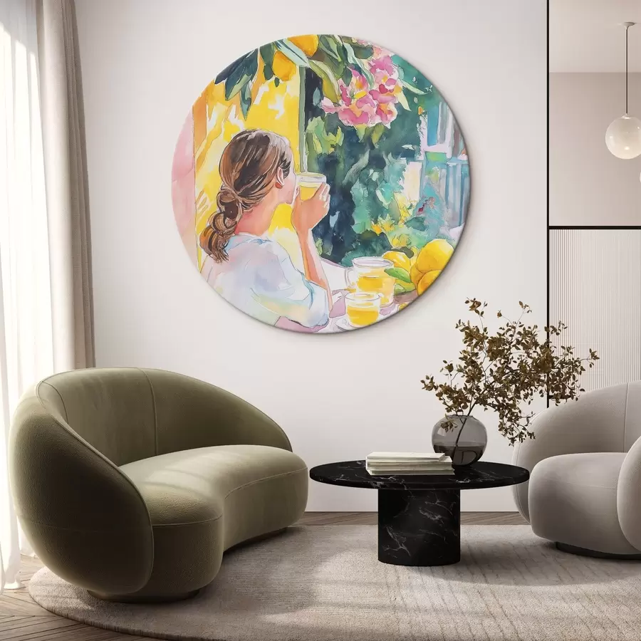 murales de pared Vibraciones de verano, chica en el café, limoncello, Italia, estilo acuarela r44505