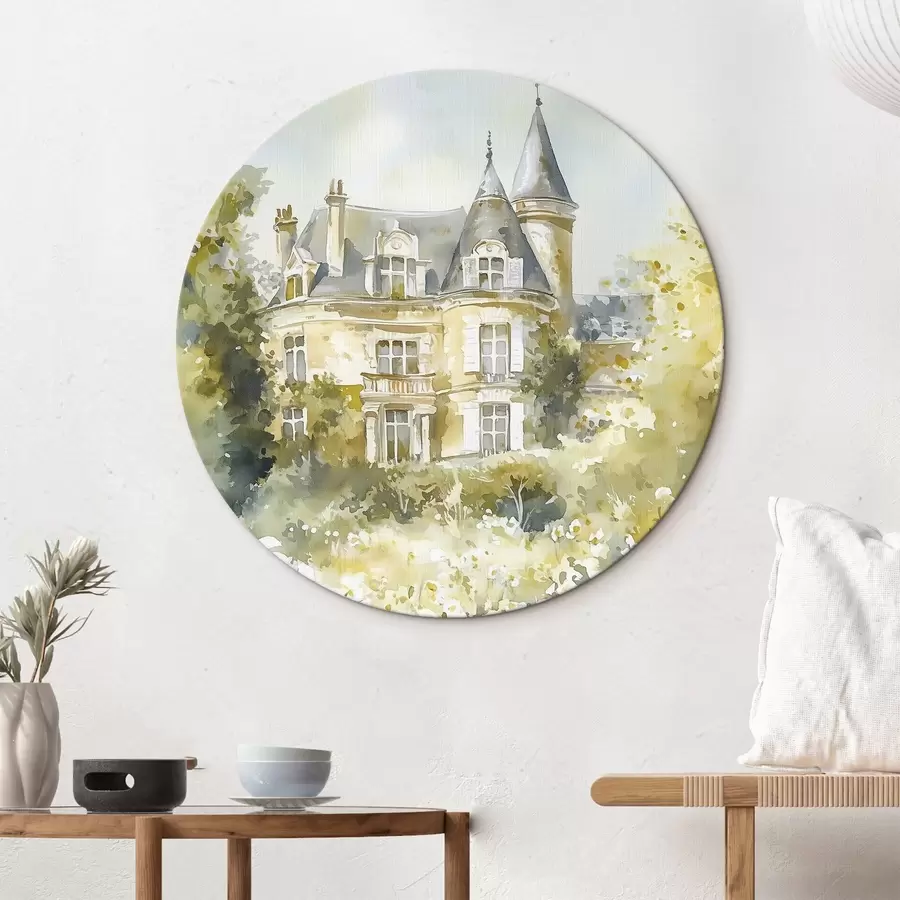 murales de pared Hermoso castillo con vegetación y flores blancas, estilo acuarela r44506