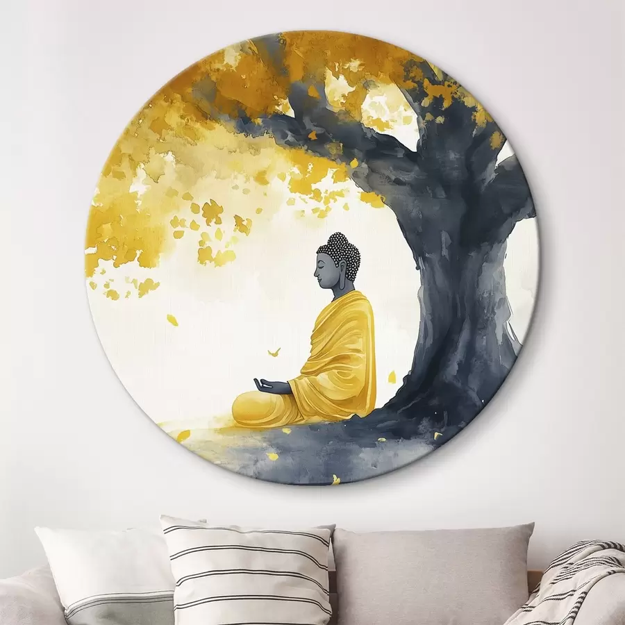 murales de pared Buda meditando bajo el árbol, colores amarillo y gris r44509