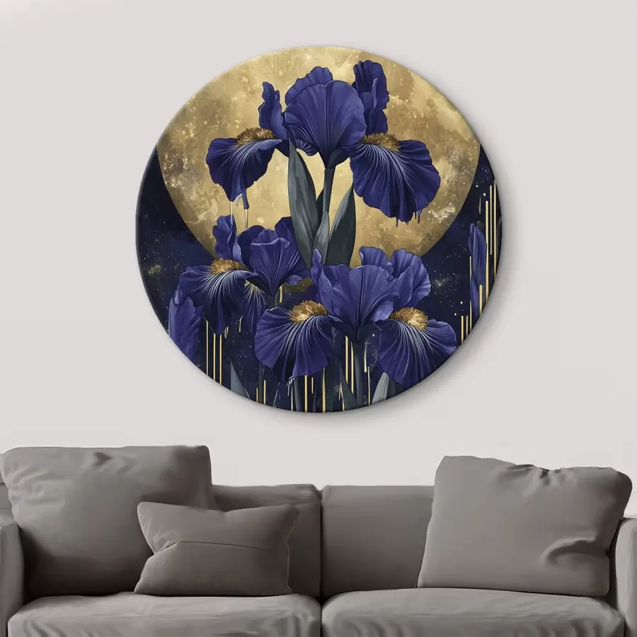 murales de pared Flores de iris, luna brillante, cielo nocturno, colores azules r44510
