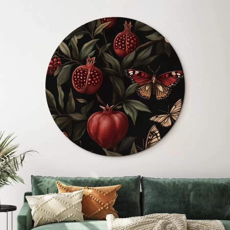 murales de pared Arte botánico con granadas y mariposas r44511