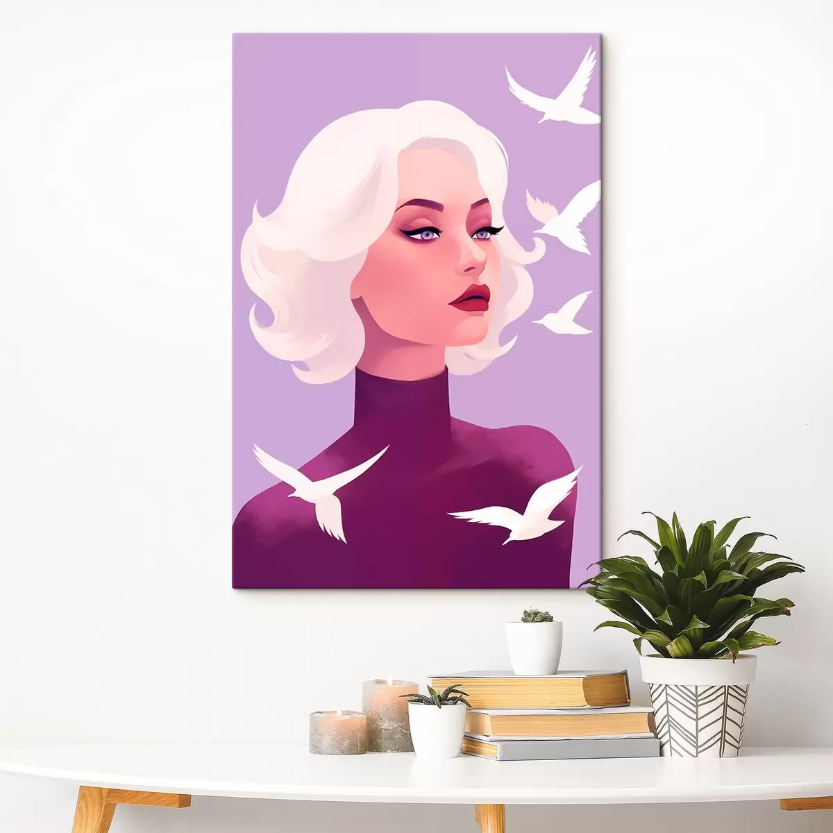 murales de pared Retrato femenino con el pelo blanco en el fondo con los pájaros s44681