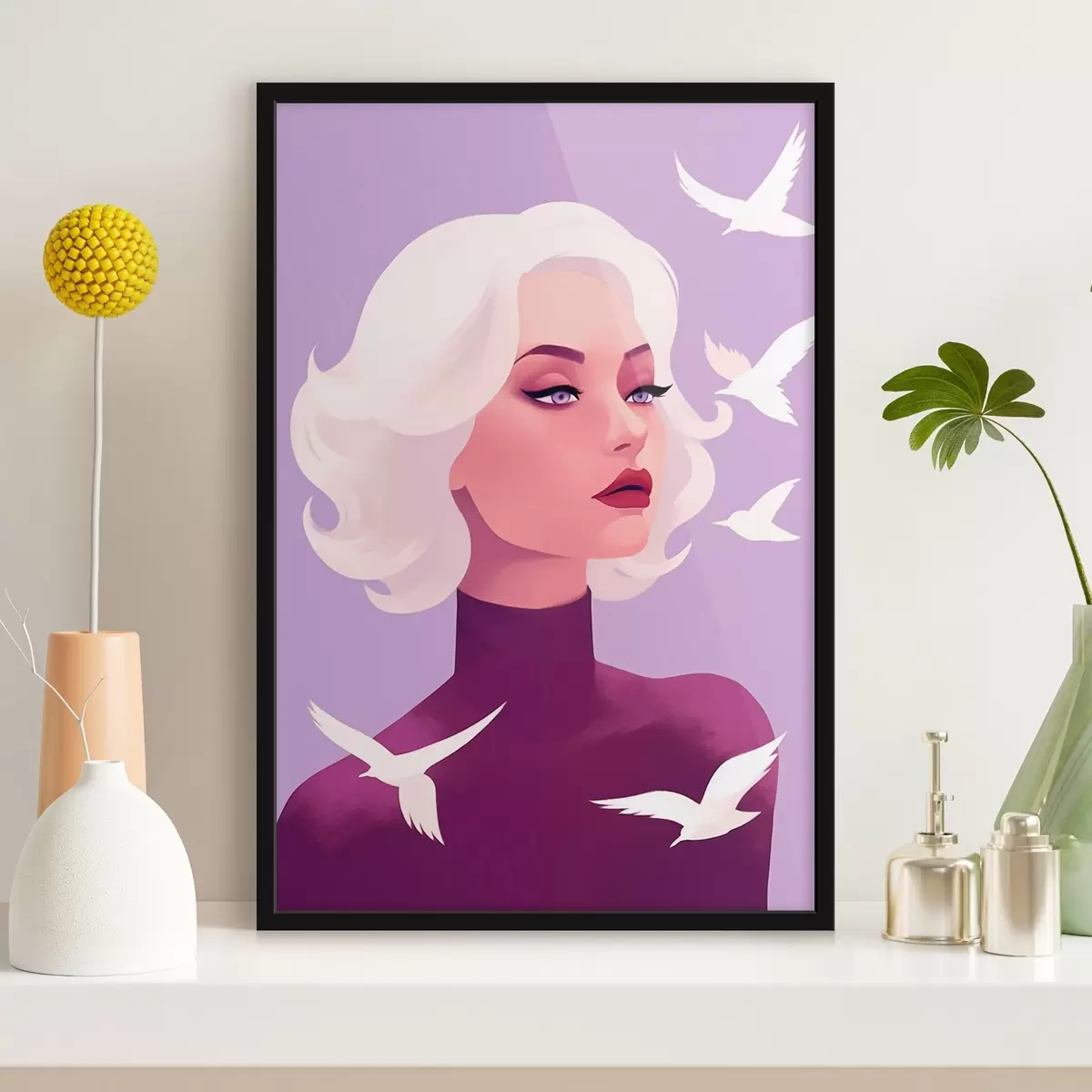 Poster Retrato femenino con el pelo blanco en el fondo con los pájaros f44681