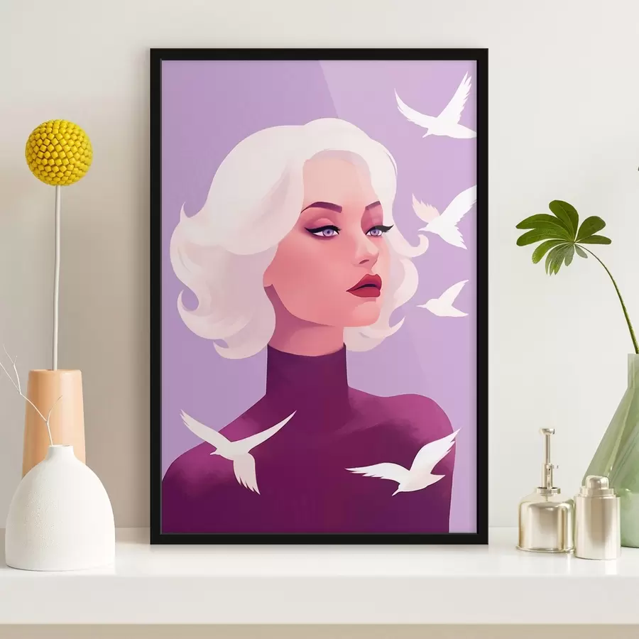 murales de pared Retrato femenino con el pelo blanco en el fondo con los pájaros f44681