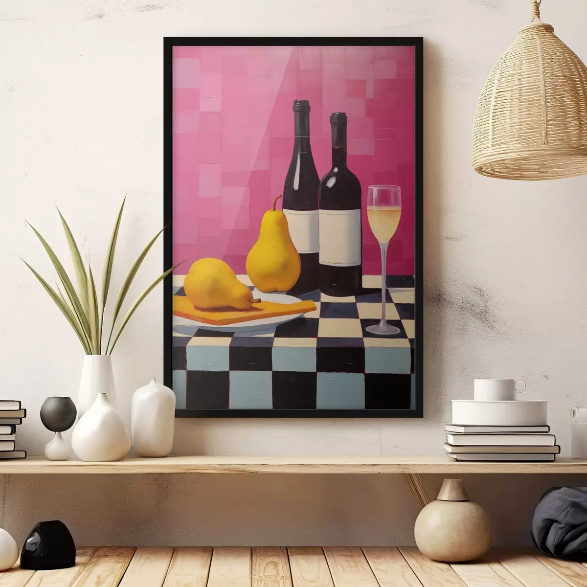 Poster Peras, un vaso de vino y dos botellas de vino f44683