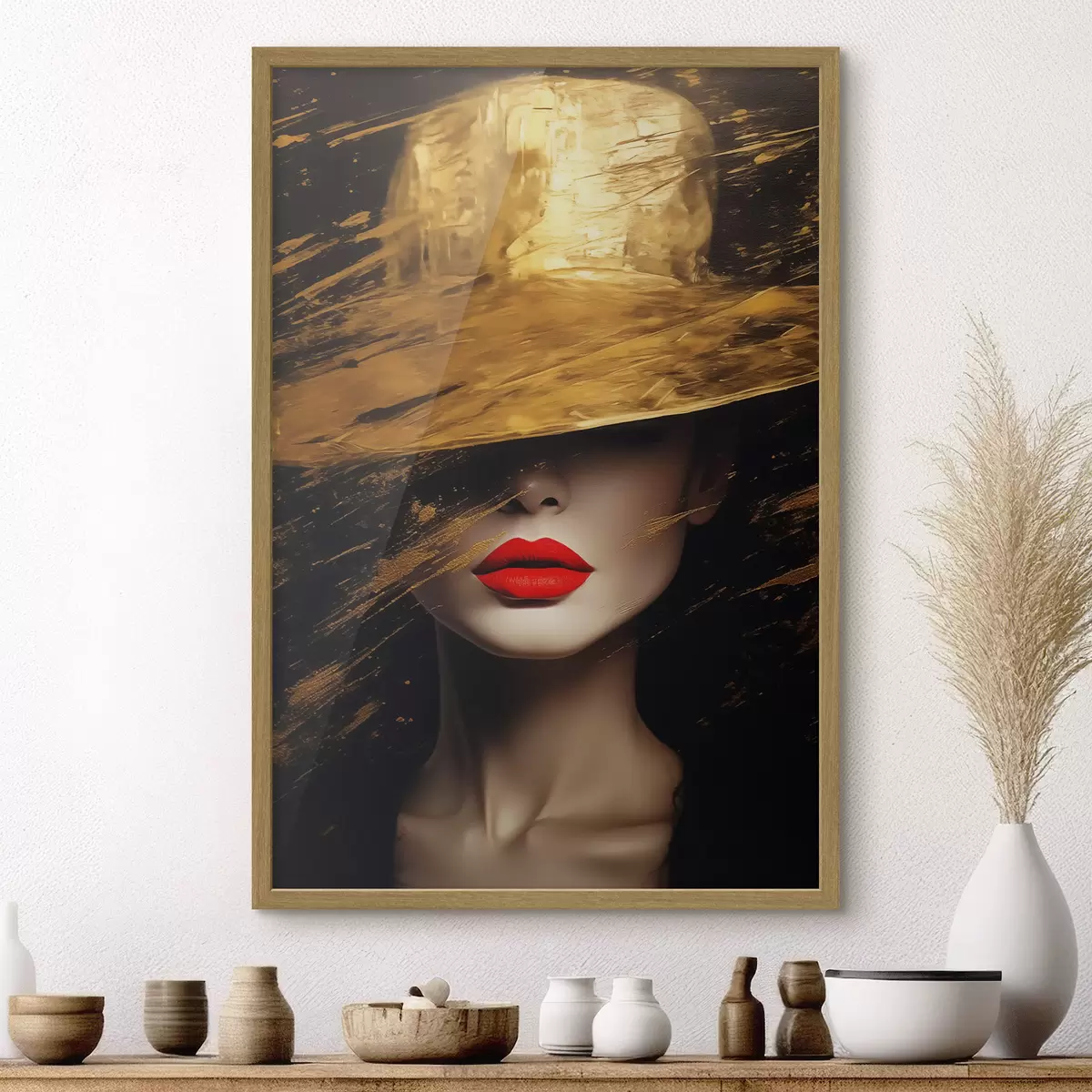 Poster Labios rojos y sombrero dorado f44691