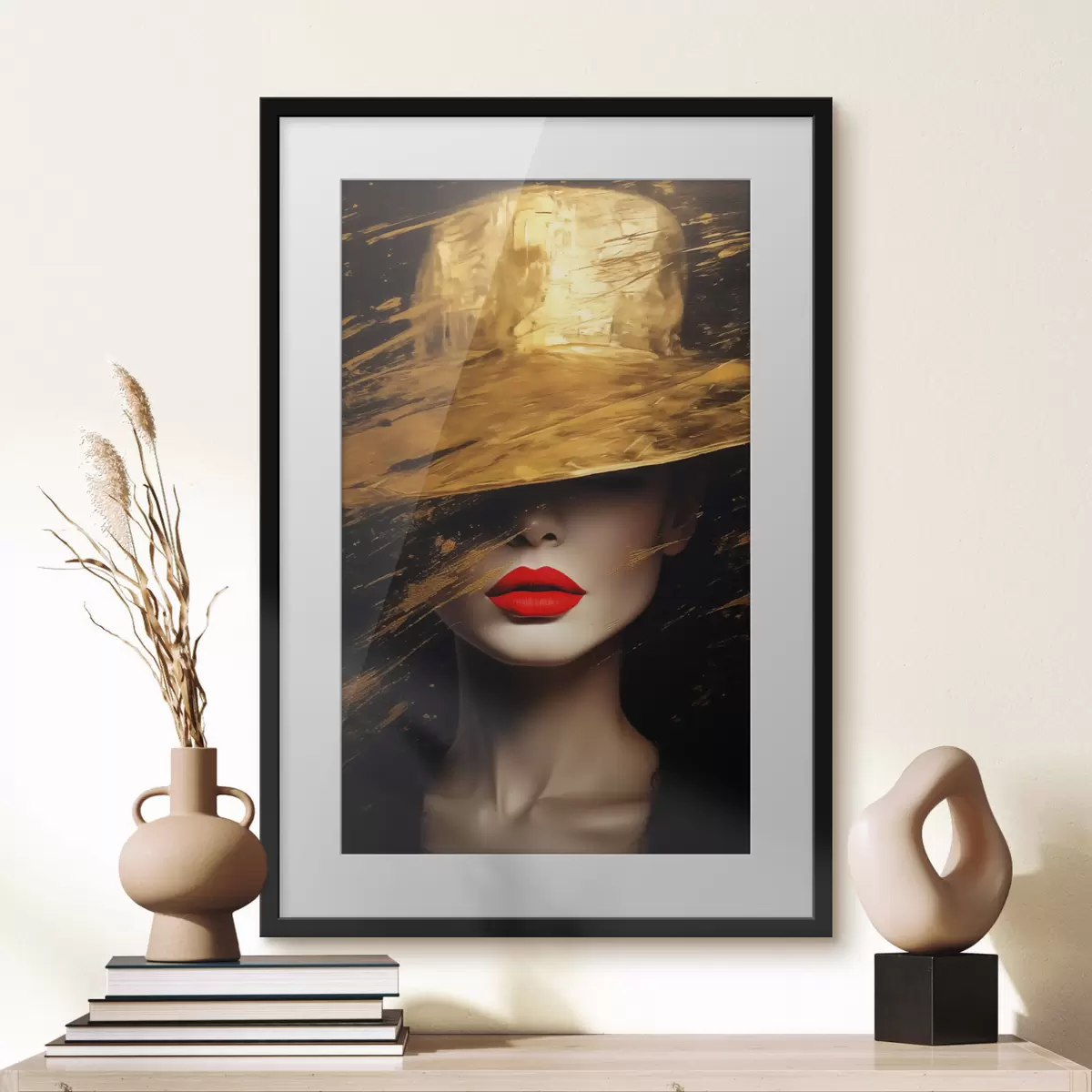 Poster Labios rojos y sombrero dorado f44691