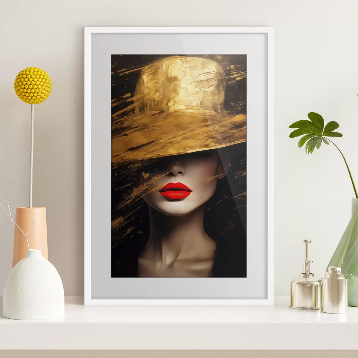 Poster Labios rojos y sombrero dorado f44691