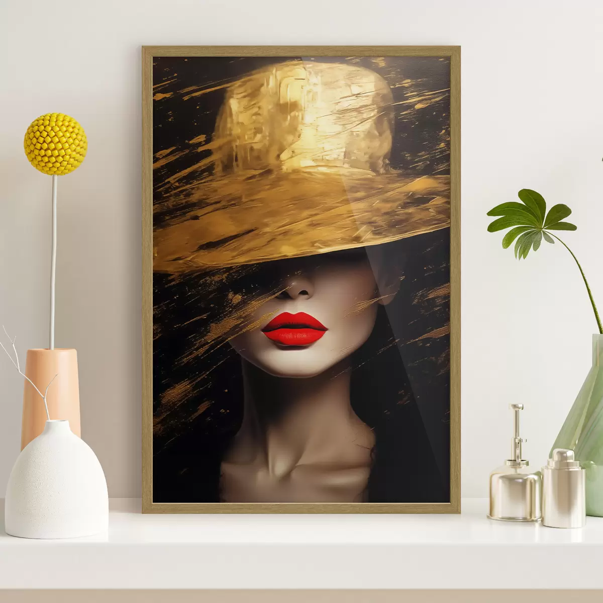 Poster Labios rojos y sombrero dorado f44691