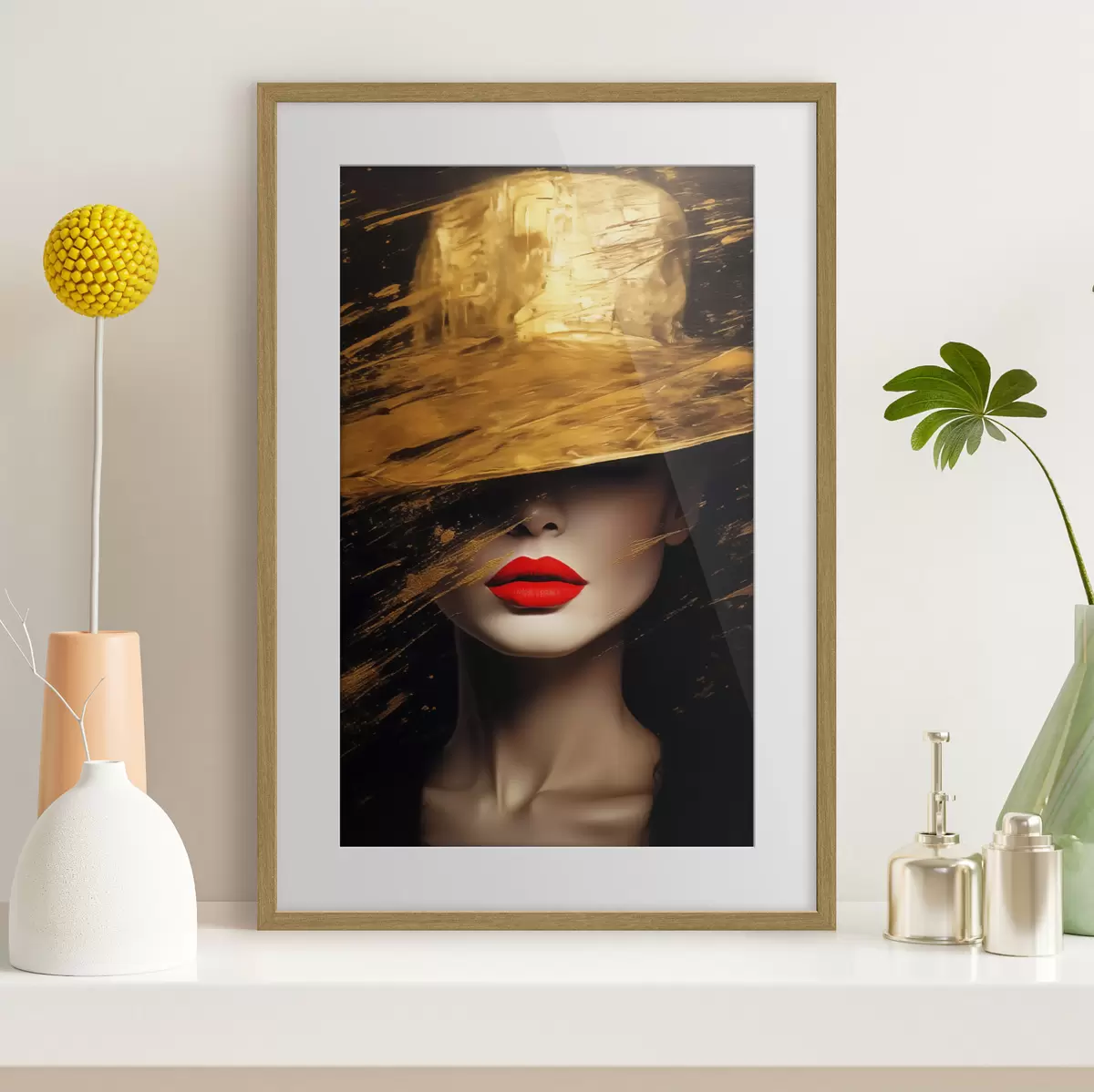 Poster Labios rojos y sombrero dorado f44691