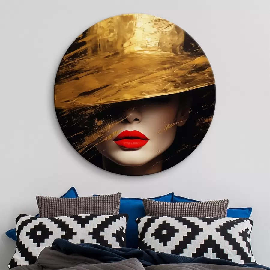 murales de pared Rostro femenino con pintalabios rojo bajo sombrero ancho r44691