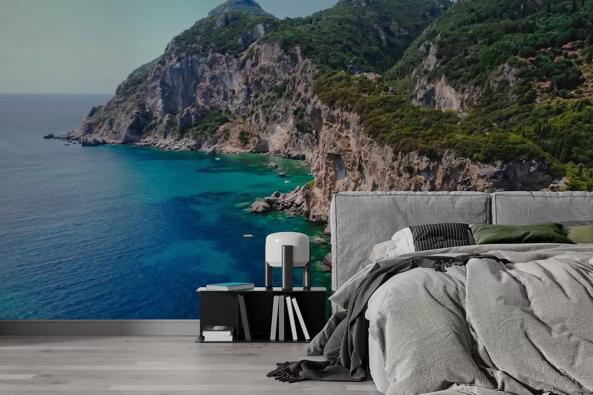 murales de pared Montañas rocosas cerca del mar, dibujo al óleo, agua aguamarina w04096