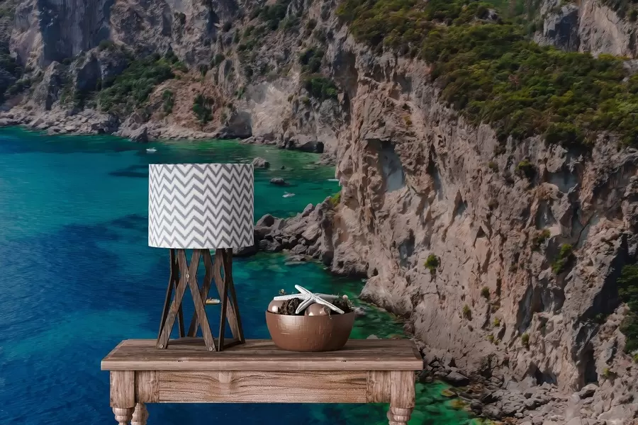 murales de pared Montañas rocosas cerca del mar, dibujo al óleo, agua aguamarina w04096