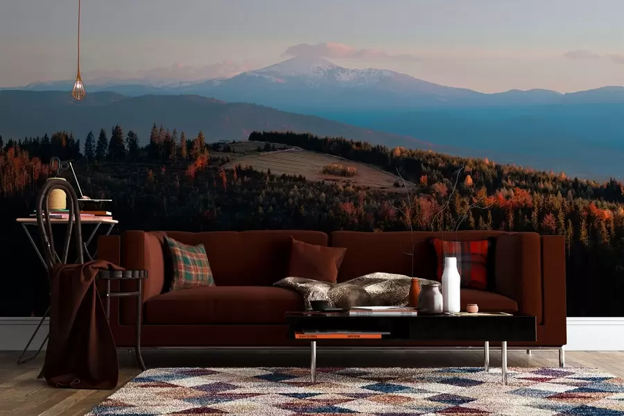 murales de pared Montañas de los Cárpatos, textura al óleo, bosque otoñal, cielo al atardecer w04098