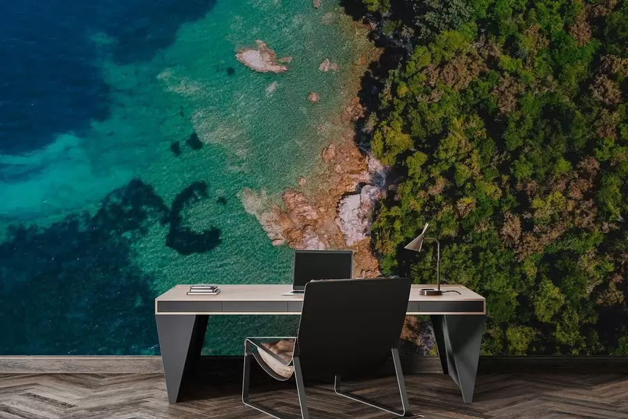 murales de pared Costa de España con agua marina, bosque de pinos, fotografía aérea w04099