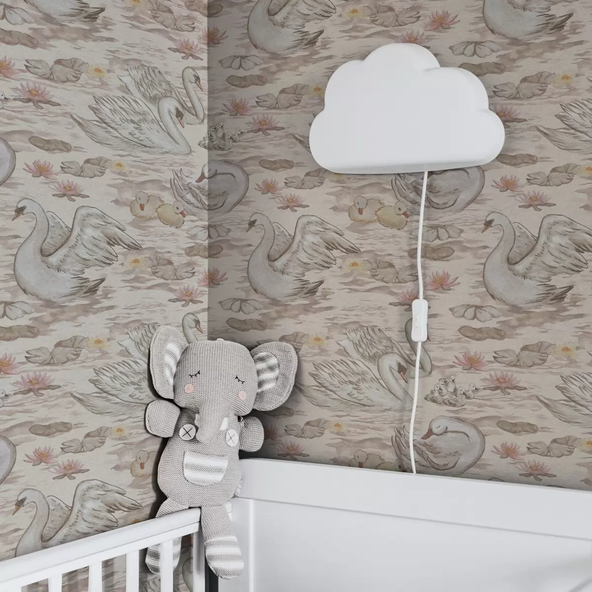 Papel pintado Cisnes con polluelos sobre fondo rosa con nenúfares a00176