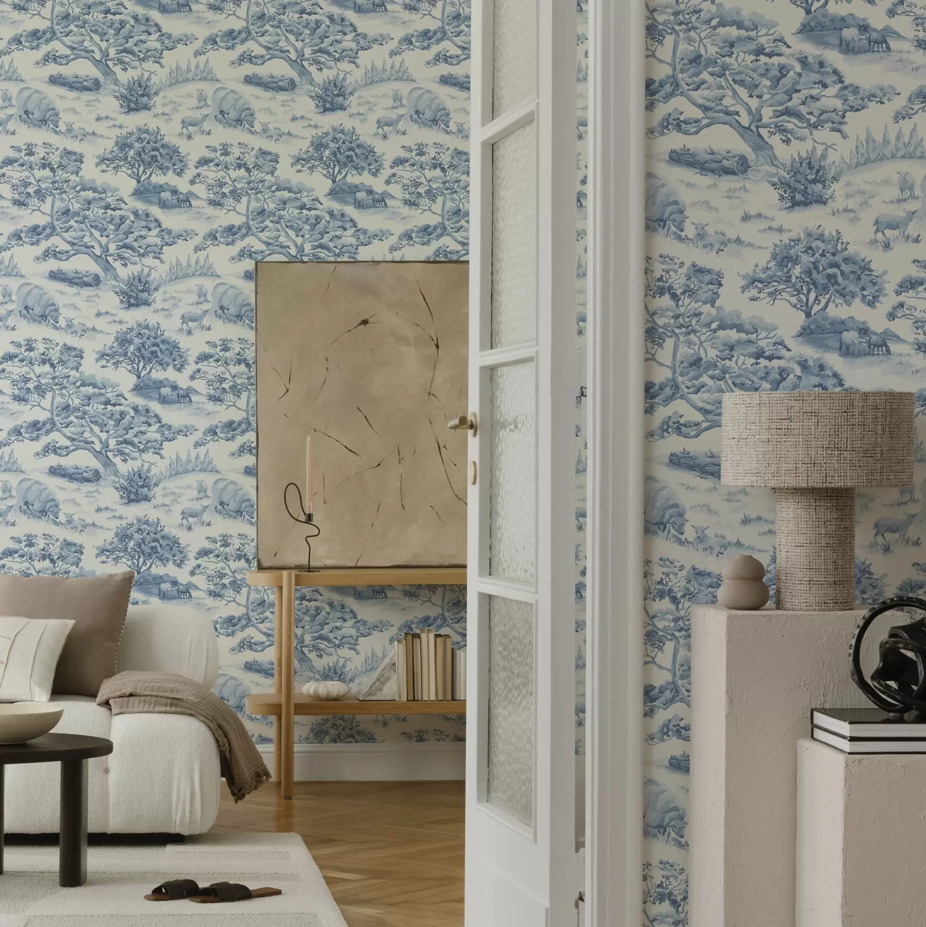 murales de pared Paisaje rural en tonos azules con ovejas y árboles a00178