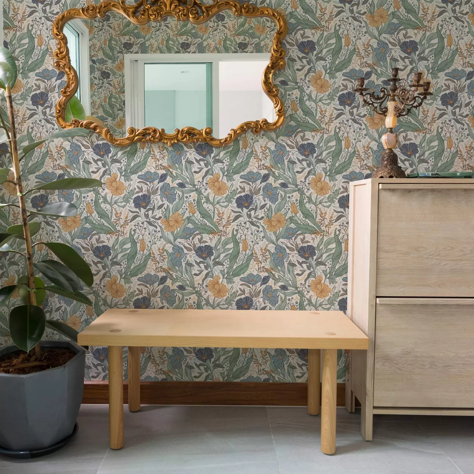 murales de pared Ilustración dibujada a mano de flores de prado en colores cálidos a00180