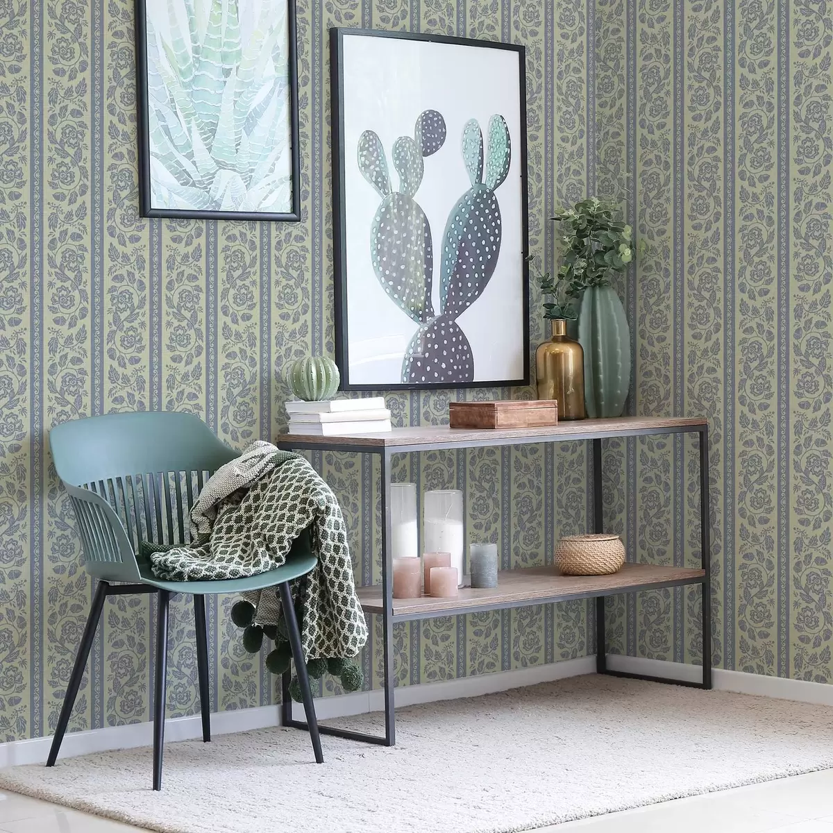 Papel pintado Adorno floral a rayas con bellotas en tonos azules y beige a00181