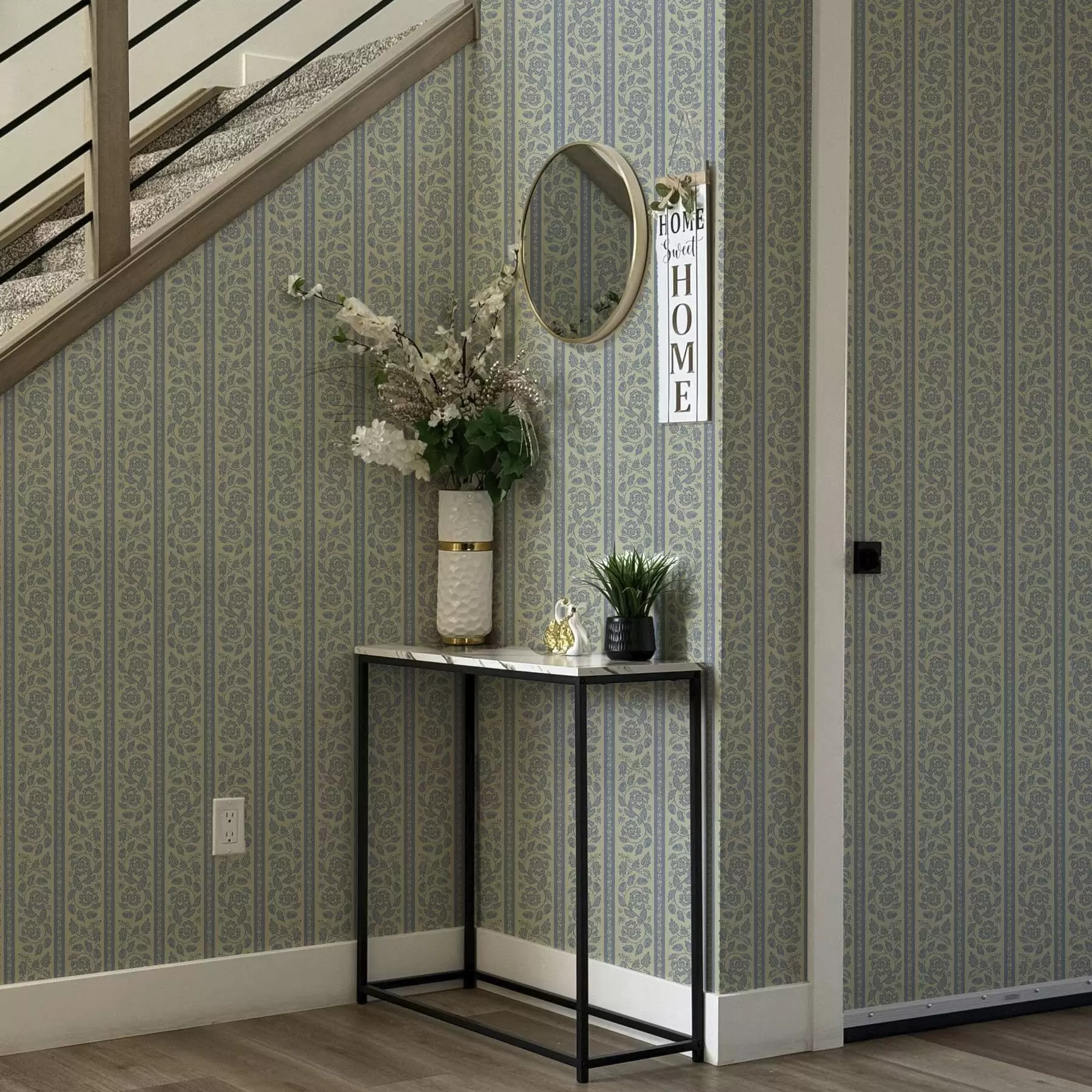 murales de pared Adorno floral a rayas con bellotas en tonos azules y beige a00181