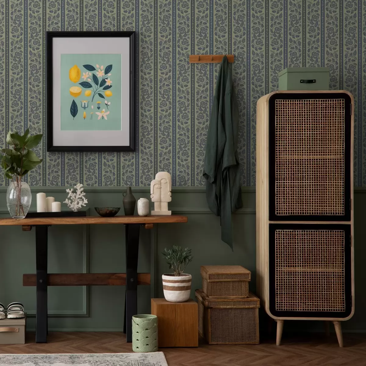 Papel pintado Adorno vintage azul con flores y bellotas a00181v1