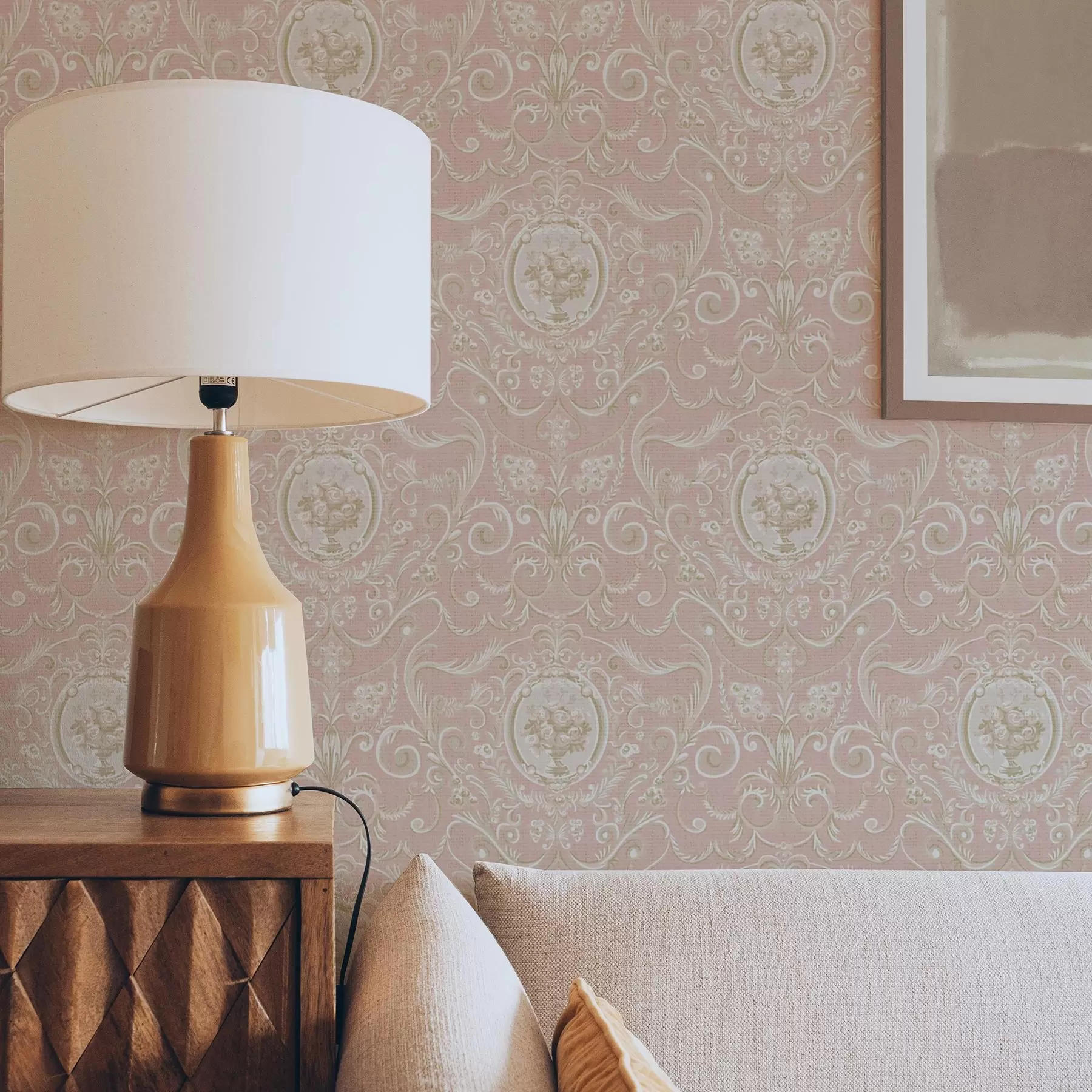 murales de pared Estampado clásico rosa con medallones y flores a00185