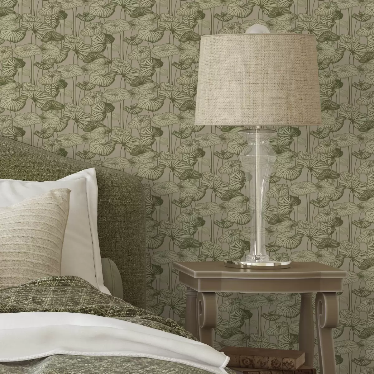 Papel pintado Hojas de loto gráficas de estilo retro sobre fondo beige a00188