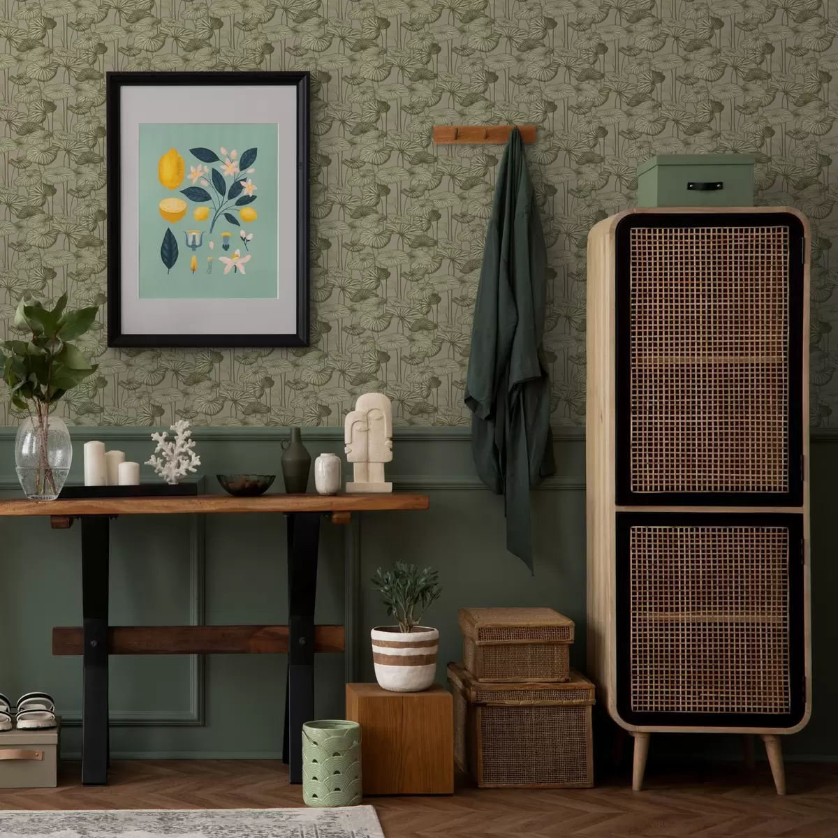 Papel pintado Hojas de loto gráficas de estilo retro sobre fondo beige a00188