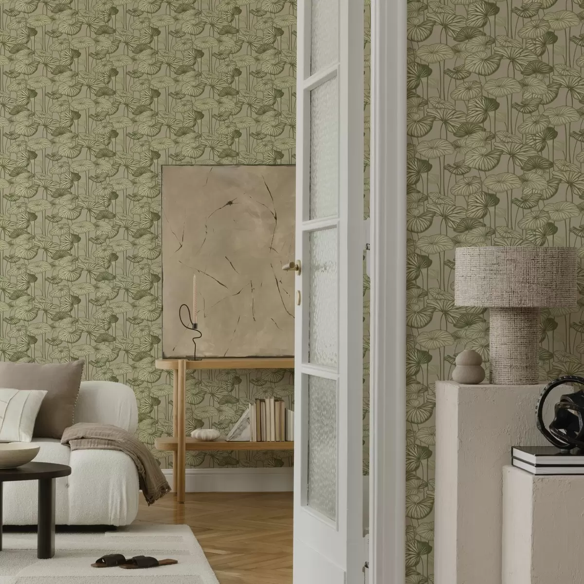 Papel pintado Hojas de loto gráficas de estilo retro sobre fondo beige a00188