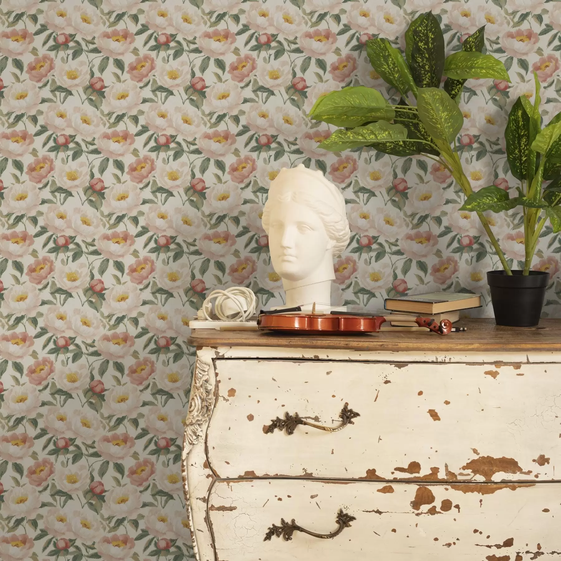 murales de pared Peonías de acuarela en colores claros de estilo retro a00193