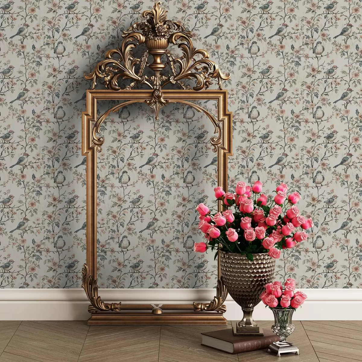 Papel pintado Pájaros sobre ramas con flores en estilo acuarela retro a00197