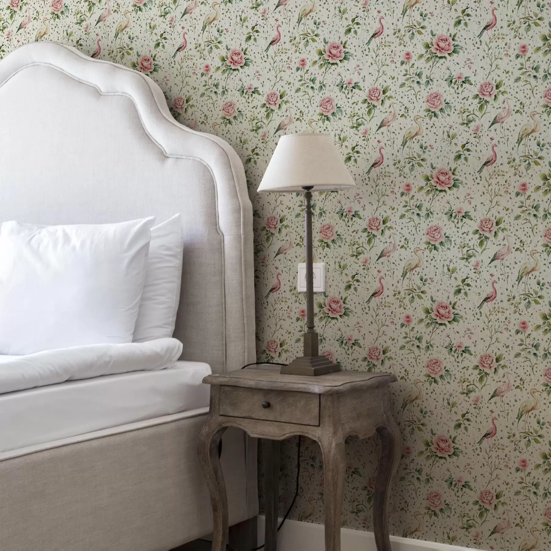 murales de pared Rosas rosa pastel y pájaros en estilo shabby chic a00201