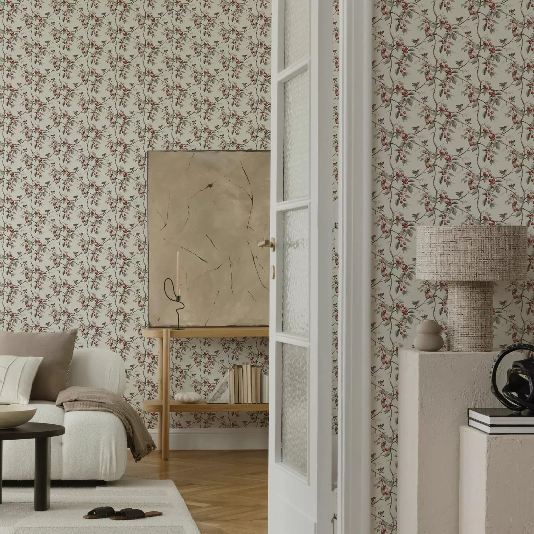 murales de pared Pájaros entre ramas de cerezo con bayas rojas a00206