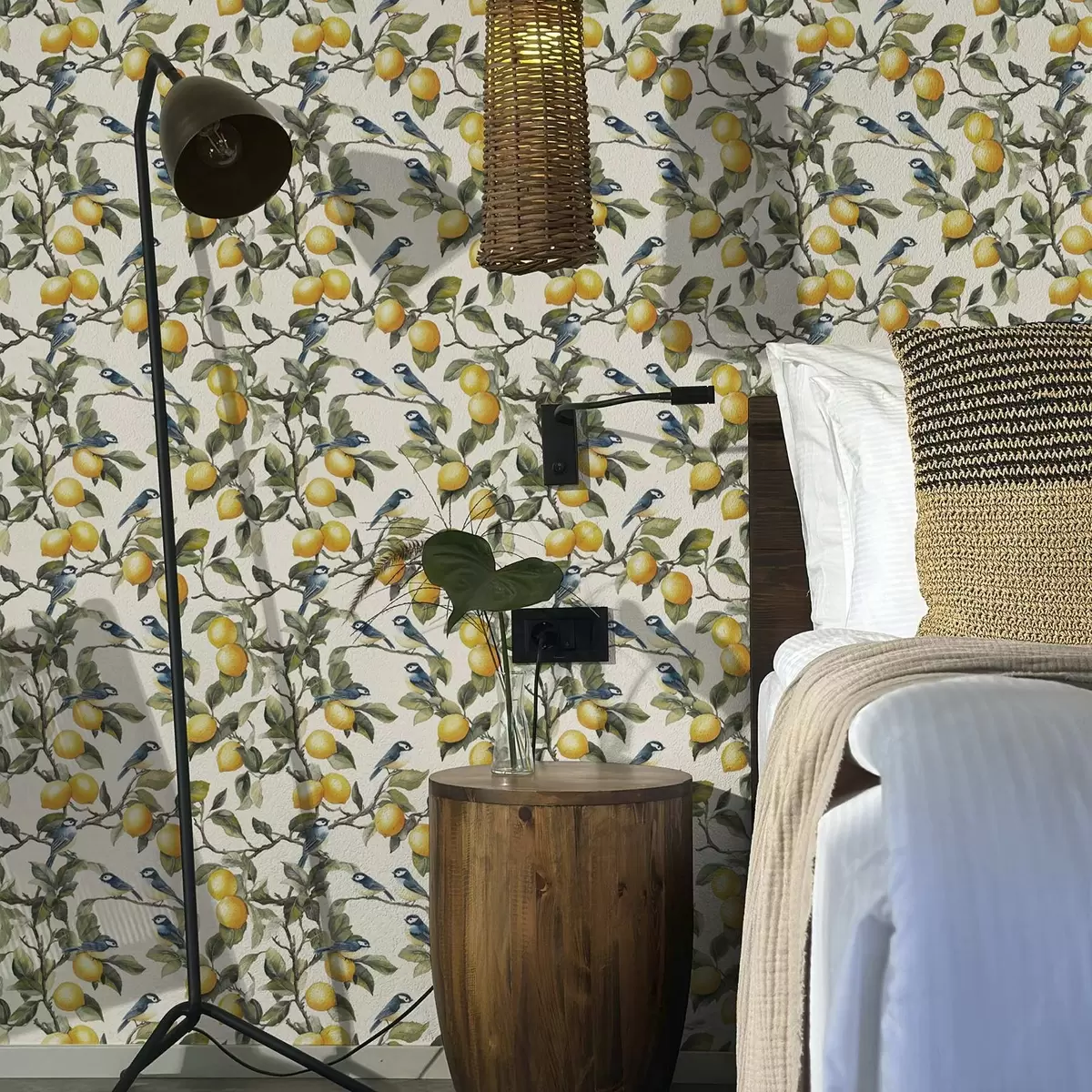 Papel pintado Pájaros y limones en las ramas, dibujo botánico en acuarela a00207