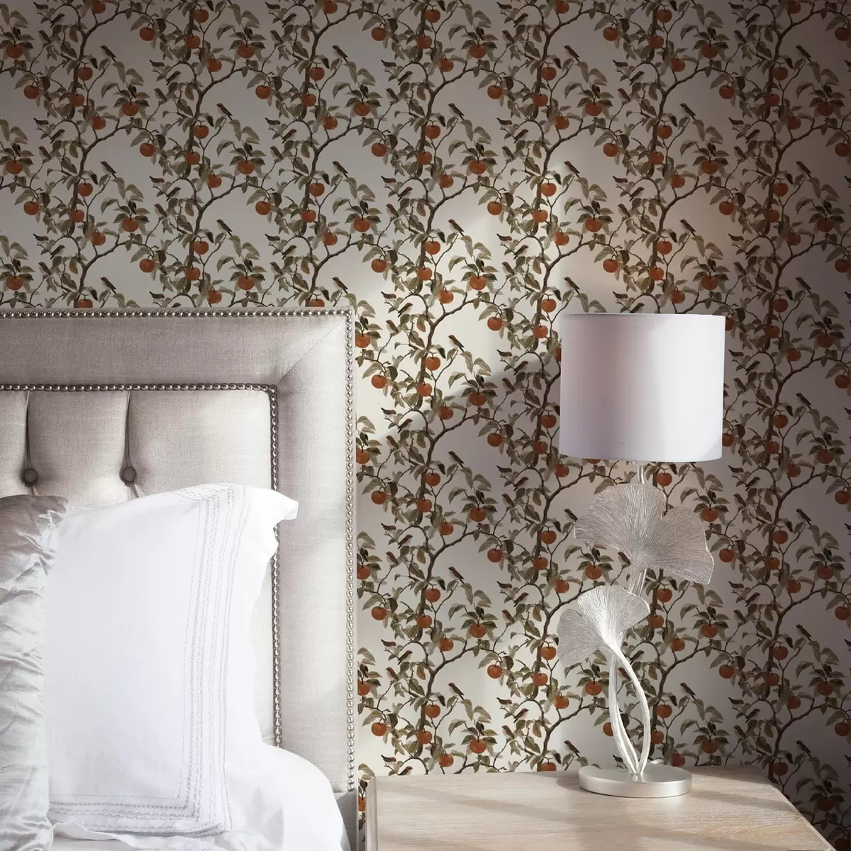 Papel pintado Pájaros y naranjas en ramas, botánica vintage a00208