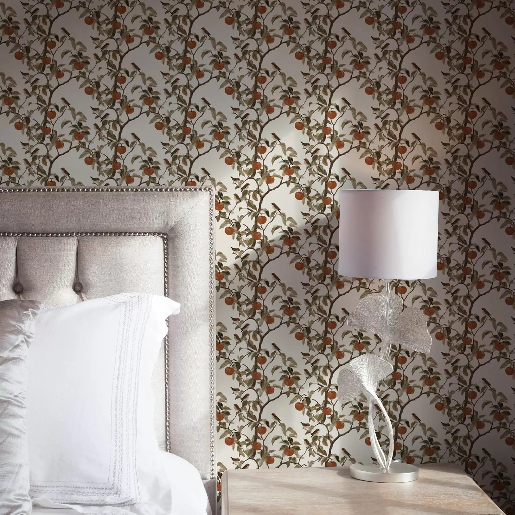 murales de pared Pájaros y naranjas en ramas, botánica vintage a00208