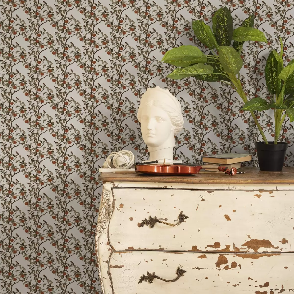 Papel pintado Pájaros y naranjas en ramas, botánica vintage a00208