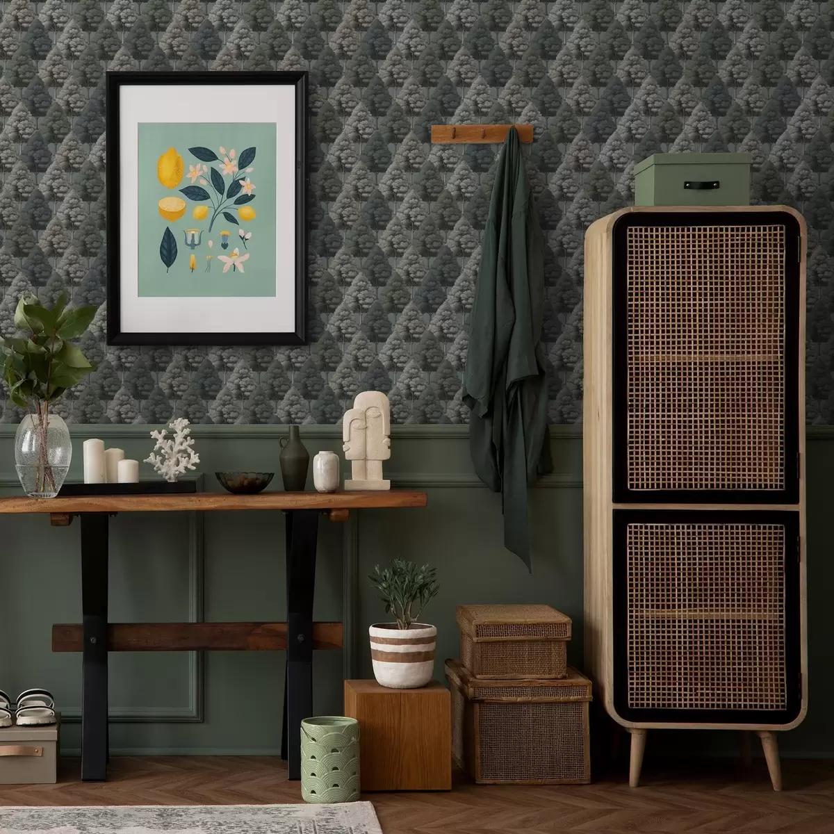 Papel pintado Motivo geométrico de bosque con árboles en tonos verdes a00209