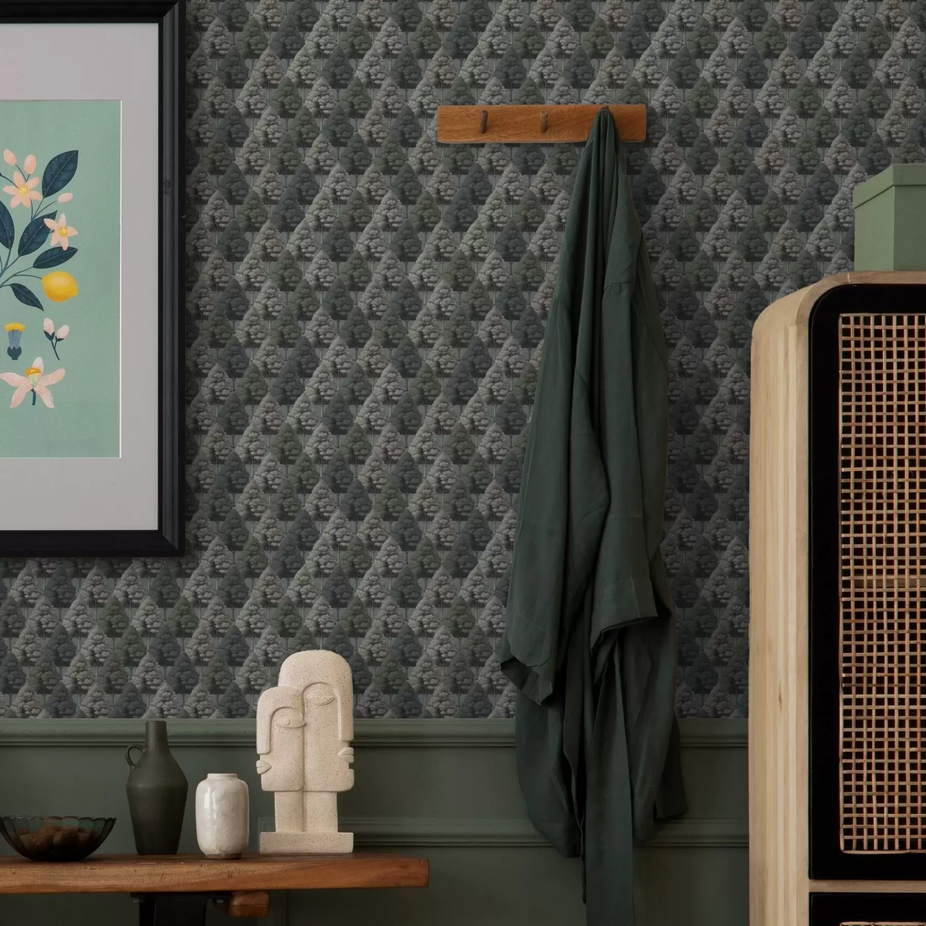 murales de pared Motivo geométrico de bosque con árboles en tonos verdes a00209