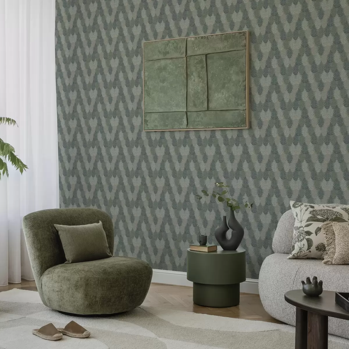 Papel pintado Hojas de helecho, motivo geométrico, colores verde y azul a00211