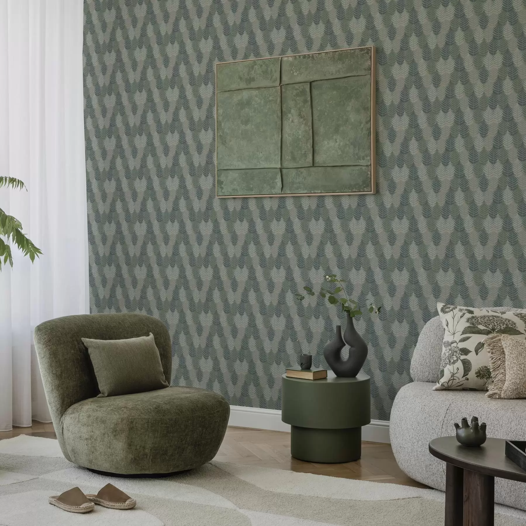 murales de pared Hojas de helecho, motivo geométrico, colores verde y azul a00211